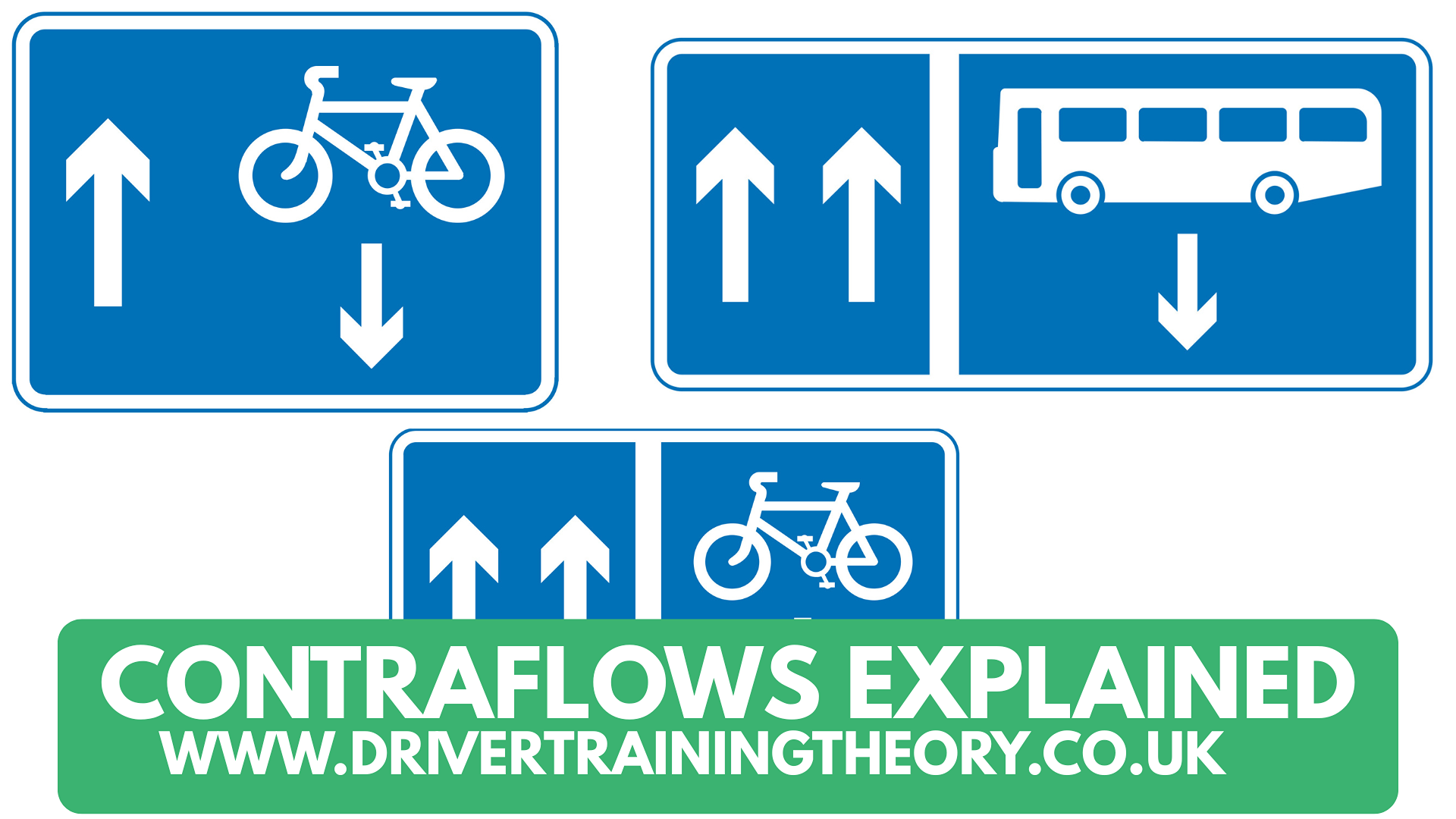 How to Spot a Contraflow Bus Lane  Contraflow bus lanes are always clearly marked with:  Solid white lines separating them from the traffic lane.  Blue bus lane signs, often showing a white bus symbol against a blue background.  Directional arrows to make it obvious that buses are travelling in the opposite direction.